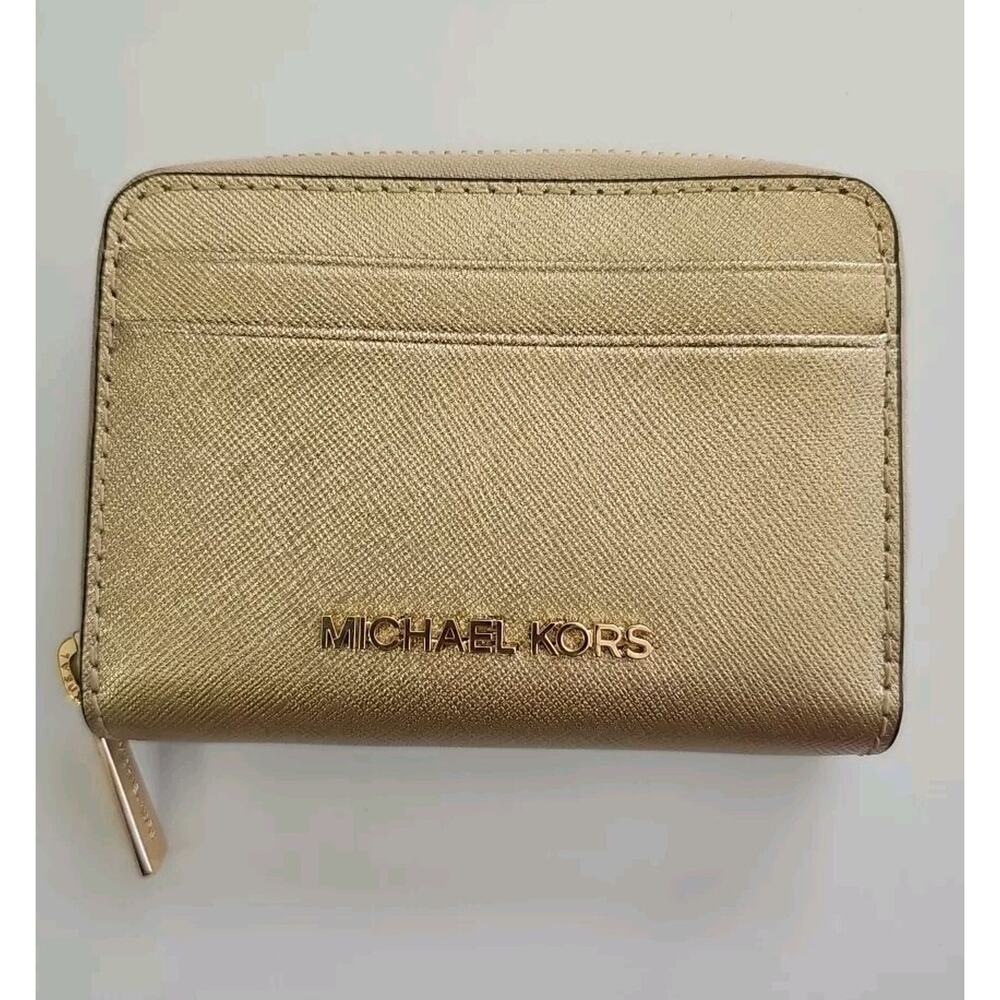 Michael Kors Jet Set Travel Medium Zip Around Card Case Wallet Pale Gold